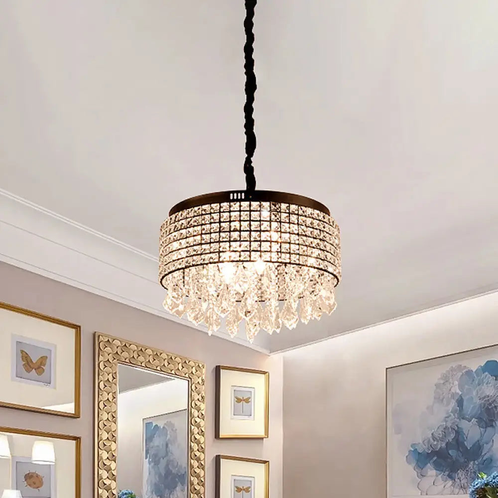 Modernist Black Crystal Drum Chandelier - 5-Light Suspension Lamp With Droplet Stylishly Encrusted