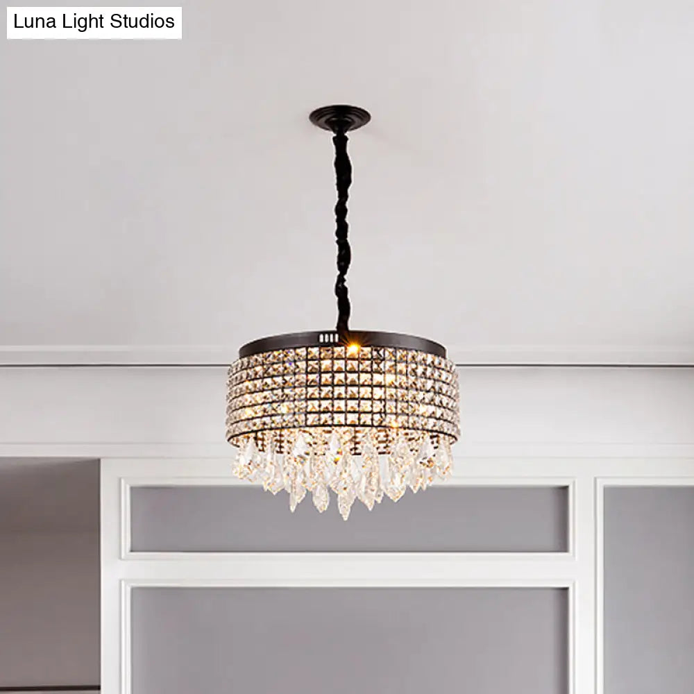 Modernist Black Crystal Drum Chandelier - 5-Light Suspension Lamp With Droplet Stylishly Encrusted