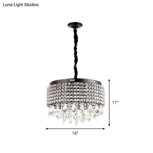 Modernist Crystal Drum Chandelier With 5 Lights Black Finish & Droplet Accents