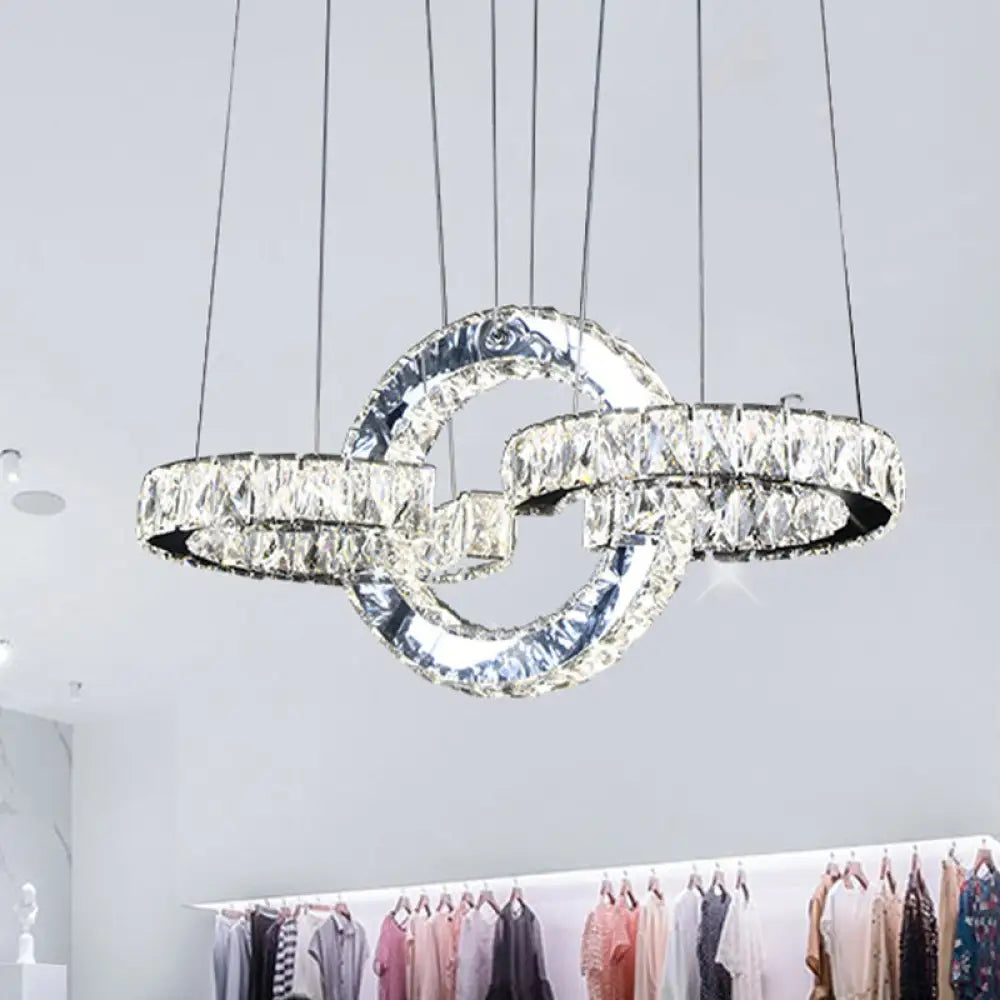 Modernist Black Crystal Led Pendant Lighting - Interlocking Rings Chandelier For Dining Room