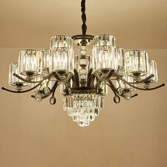 Modernist Black Cylinder Pendant Chandelier With Clear Crystal - Stylish Dining Room Ceiling Light