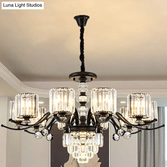 Modernist Black Cylinder Pendant Chandelier With Clear Crystal - Stylish Dining Room Ceiling Light