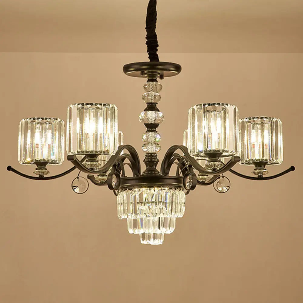 Modernist Black Cylinder Pendant Chandelier With Clear Crystal - Stylish Dining Room Ceiling Light 6