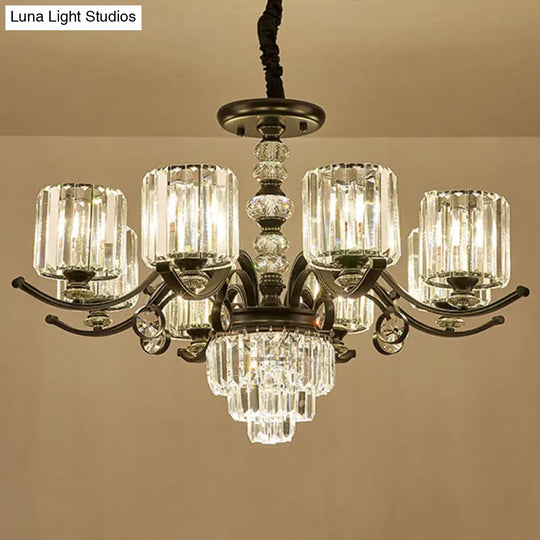 Modernist Black Cylinder Pendant Chandelier With Clear Crystal - Stylish Dining Room Ceiling Light