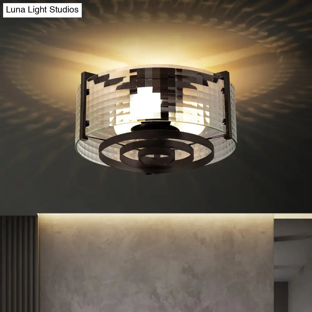 Modernist Black Glass Round Flushmount - Clear Trellis/Stripe 3 Bulbs Bedroom Flush Mounted Light