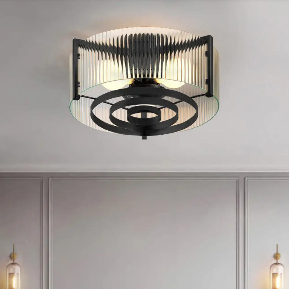 Modernist Black Glass Round Flushmount - Clear Trellis/Stripe 3 Bulbs Bedroom Flush Mounted Light /