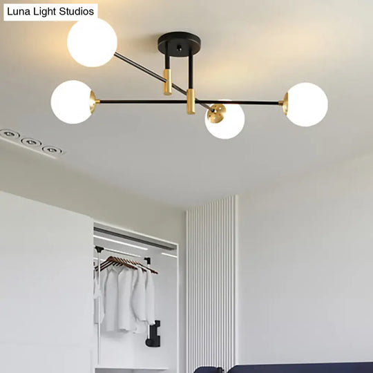 Modernist Black Glass Sphere Semi Flush Mount Light Fixture With Linear Arm - 4/6/8 Lights