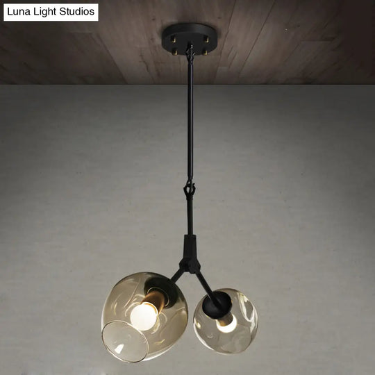 Modernist Black/Gold Bifurcated Chandelier With Open Dimpled Glass Suspension Pendant - 2 Lights