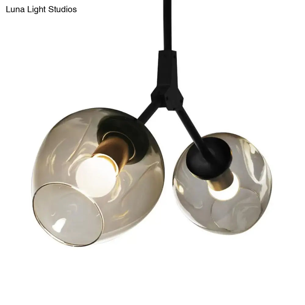 Modernist Black/Gold Bifurcated Chandelier With Open Dimpled Glass Suspension Pendant - 2 Lights