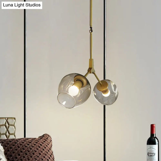 Modernist Black/Gold Bifurcated Chandelier With Open Dimpled Glass Suspension Pendant - 2 Lights