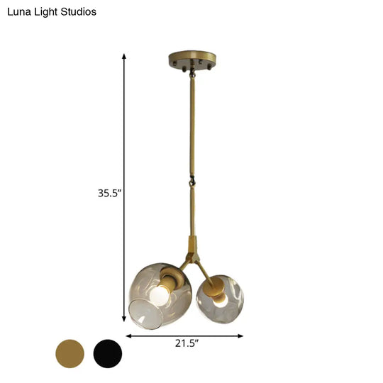 Modernist Black/Gold Bifurcated Chandelier With Open Dimpled Glass Suspension Pendant - 2 Lights