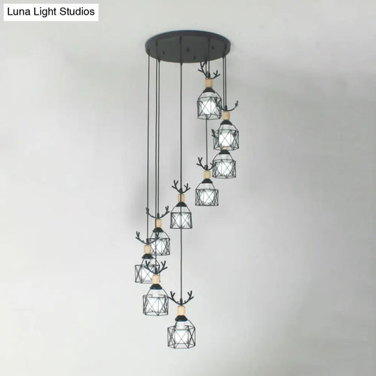 Modernist Black Hexagon Cage Pendant Lamp With Spiral Design - Metal Multiple Hanging Light