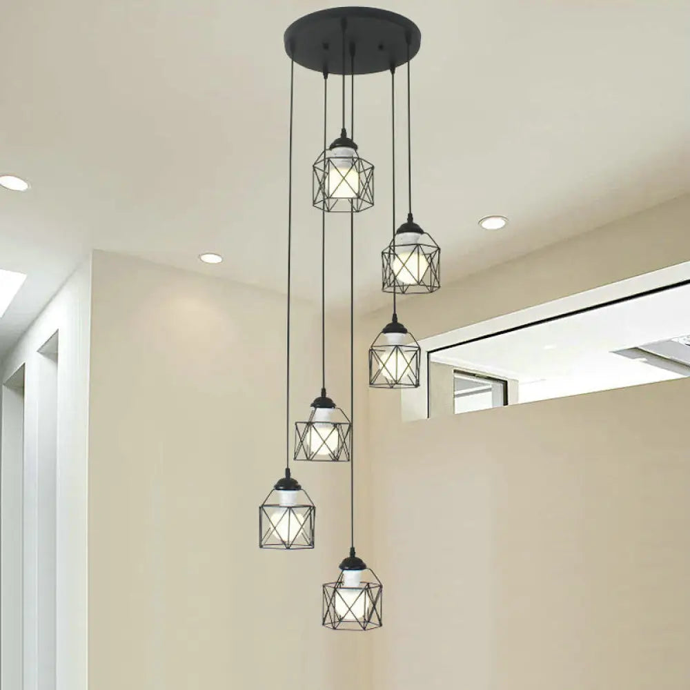 Modernist Black Hexagon Cage Pendant Lamp With Spiral Design - Metal Multiple Hanging Light 6 / A