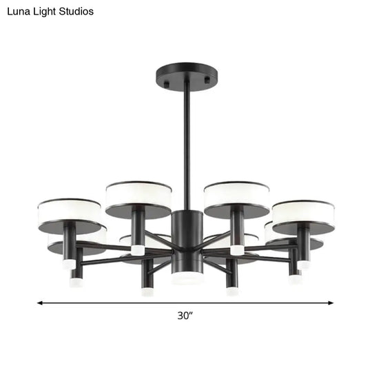 Modernist Black Led Chandelier With Drum Acrylic Shade - 6/8 Lights 3 Color Light Options For