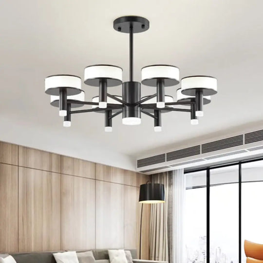 Modernist Black Led Chandelier With Drum Acrylic Shade - 6/8 Lights 3 Color Light Options For