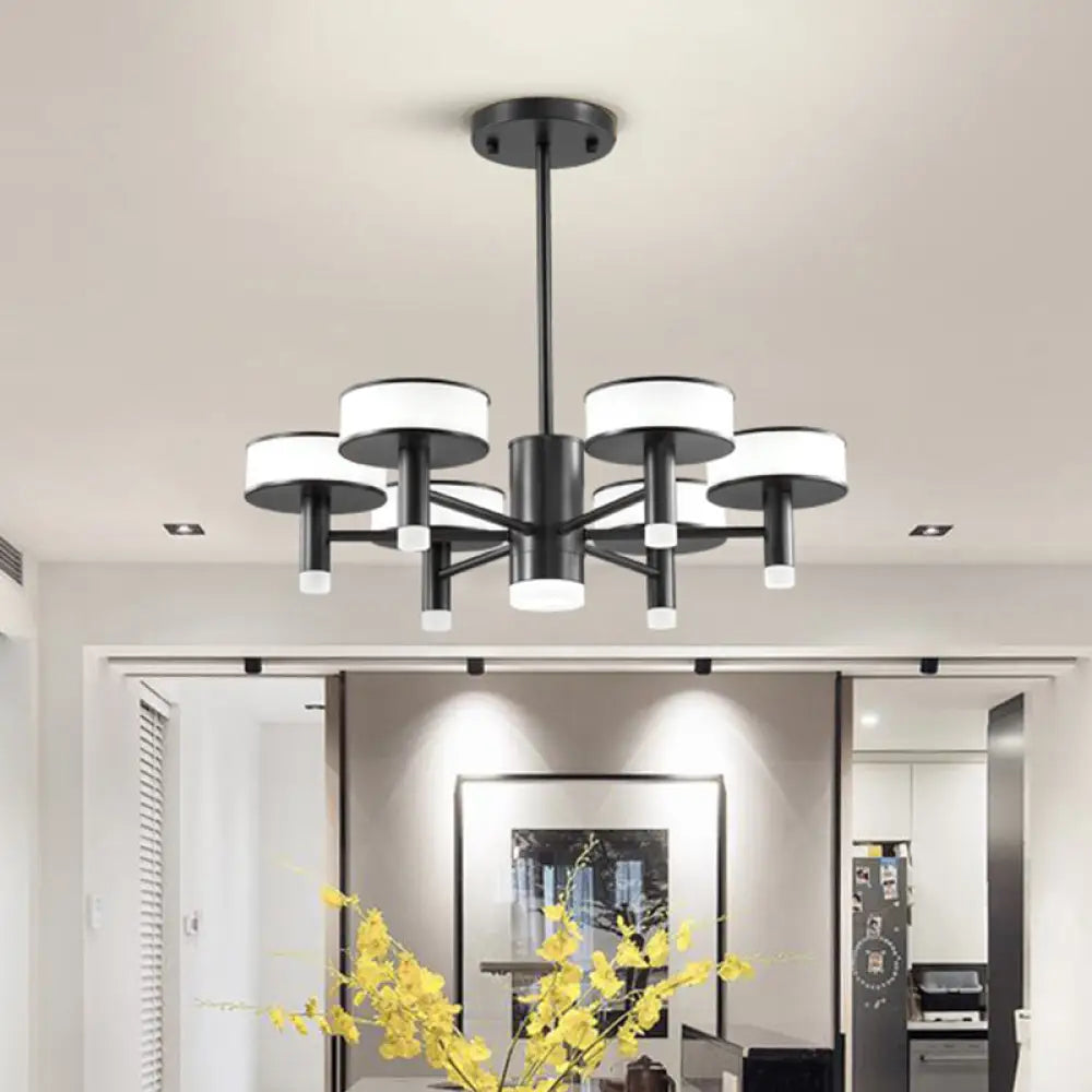 Modernist Black Led Chandelier With Drum Acrylic Shade - 6/8 Lights 3 Color Light Options For