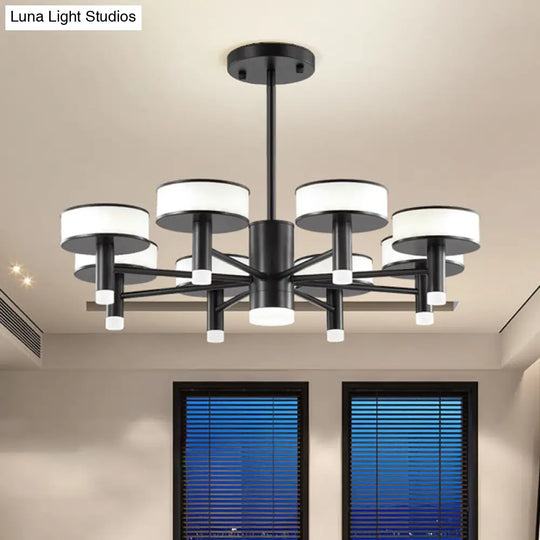 Modernist Black Led Chandelier With Drum Acrylic Shade - 6/8 Lights 3 Color Light Options For