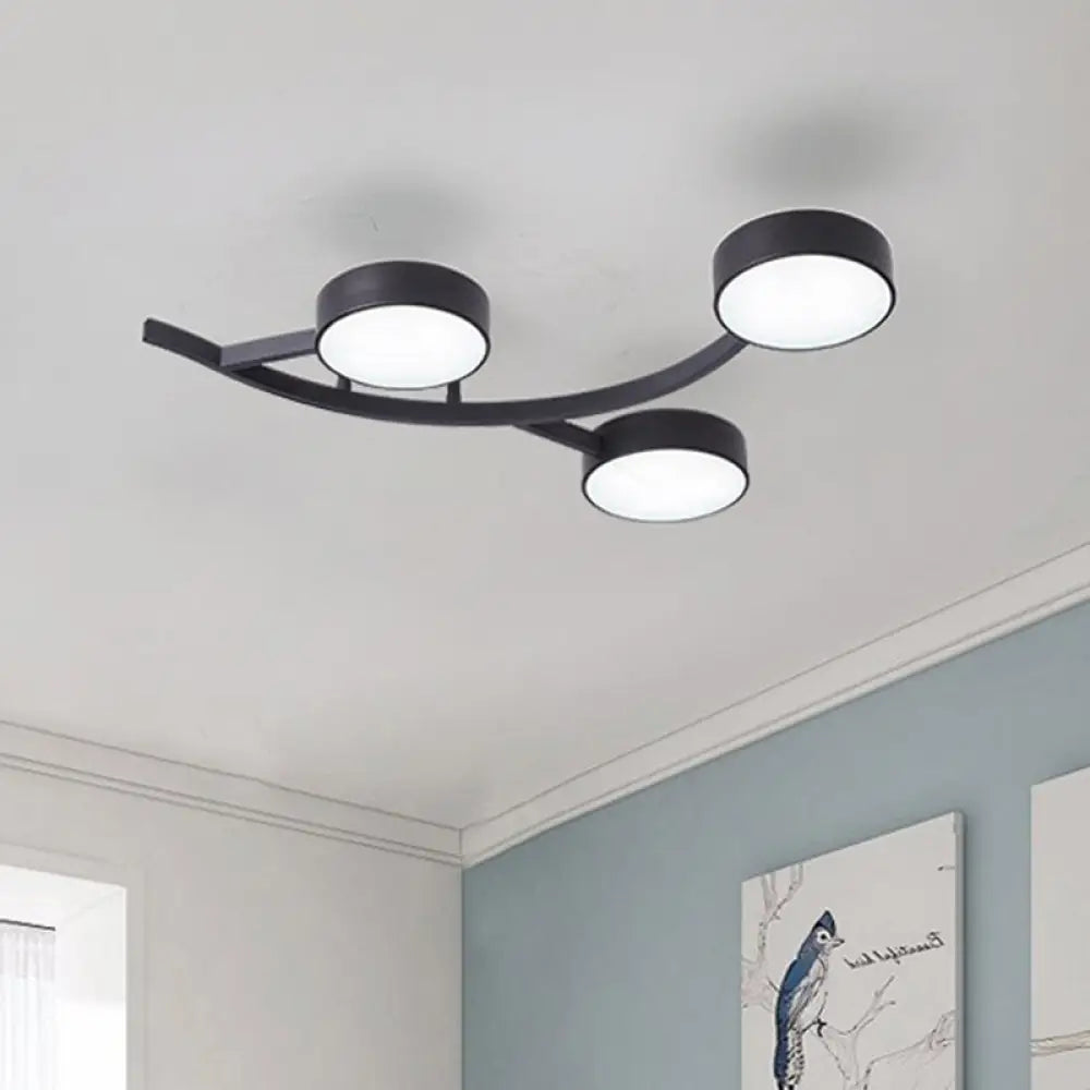 Modernist Black Led Semi - Flush Mount Ceiling Fixture With Metallic Small Drum And Branch Design