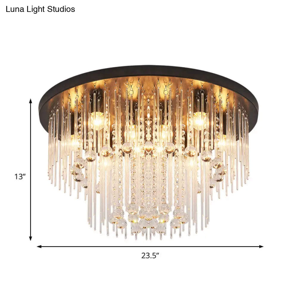 Modernist Black Tiered Flush Ceiling Light: 19.5/23.5 Dia 8-Light Crystal Lamp