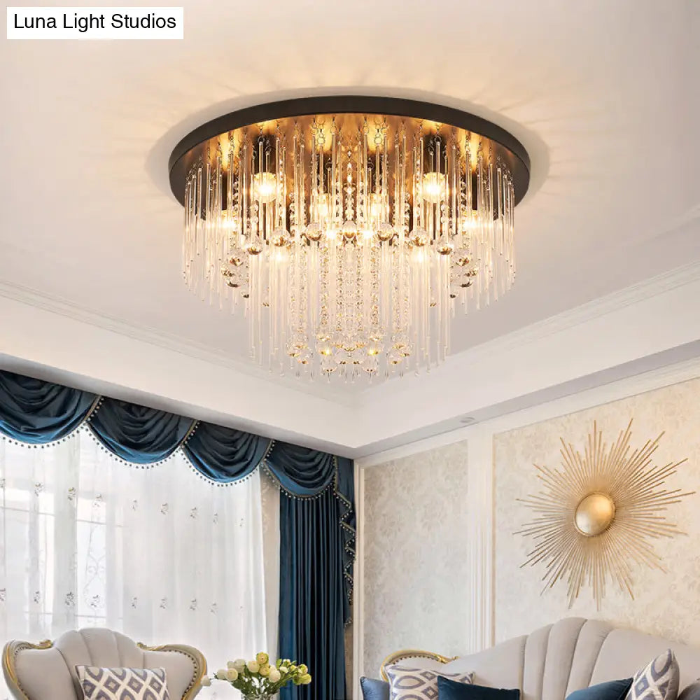 Modernist Black Tiered Flush Ceiling Light: 19.5’/23.5’ Dia 8-Light Crystal Lamp