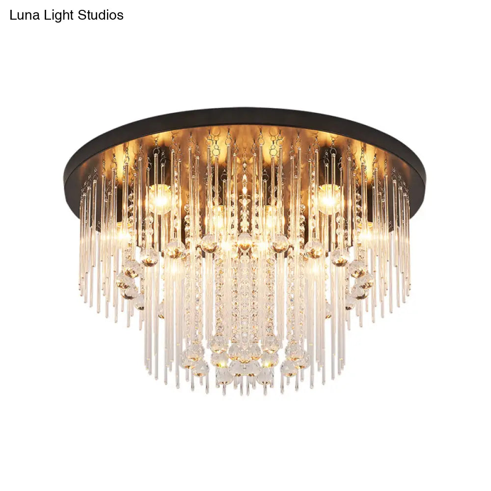 Modernist Black Tiered Flush Ceiling Light: 19.5/23.5 Dia 8-Light Crystal Lamp