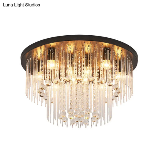 Modernist Black Tiered Flush Ceiling Light: 19.5’/23.5’ Dia 8-Light Crystal Lamp