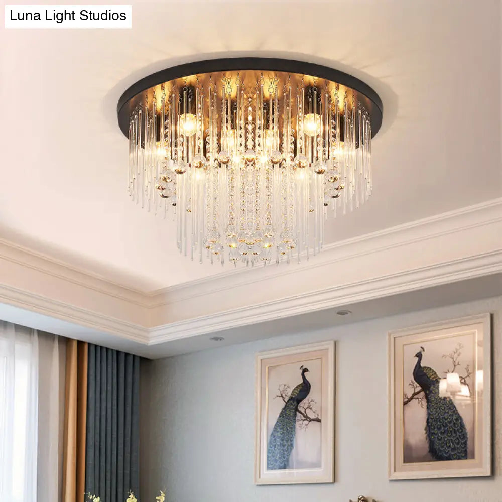 Modernist Black Tiered Flush Ceiling Light: 19.5/23.5 Dia 8-Light Crystal Lamp / 23.5