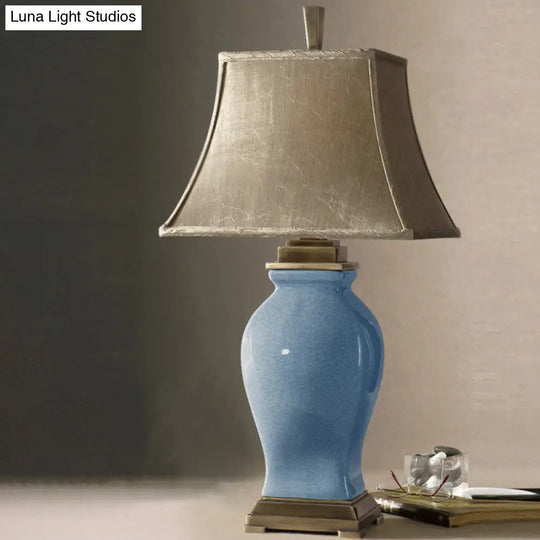 Modernist Blue Bedside Table Lamp With Flared Fabric Shade