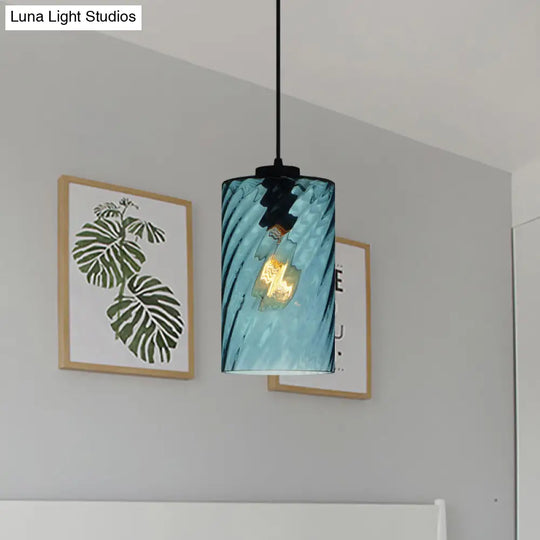 Modern Blue Glass Pendant Light With Unique Lattice Design And Black Ceiling Mount