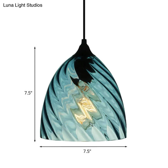 Modern Blue Glass Pendant Light With Unique Lattice Design And Black Ceiling Mount