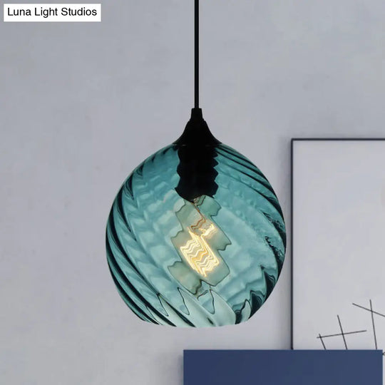 Modern Blue Glass Pendant Light With Unique Lattice Design And Black Ceiling Mount / Globe