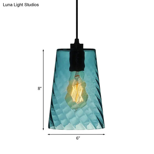 Modern Blue Glass Pendant Light With Unique Lattice Design And Black Ceiling Mount