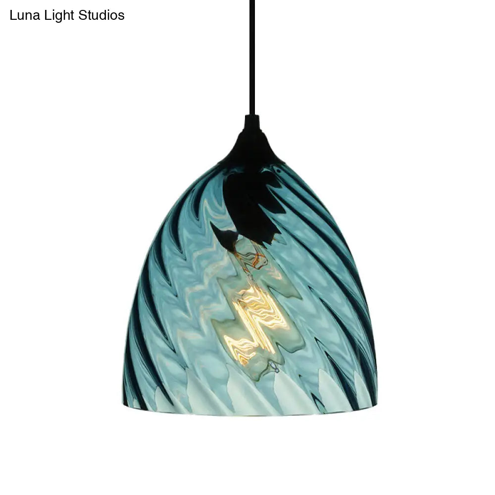 Modern Blue Glass Pendant Light With Unique Lattice Design And Black Ceiling Mount