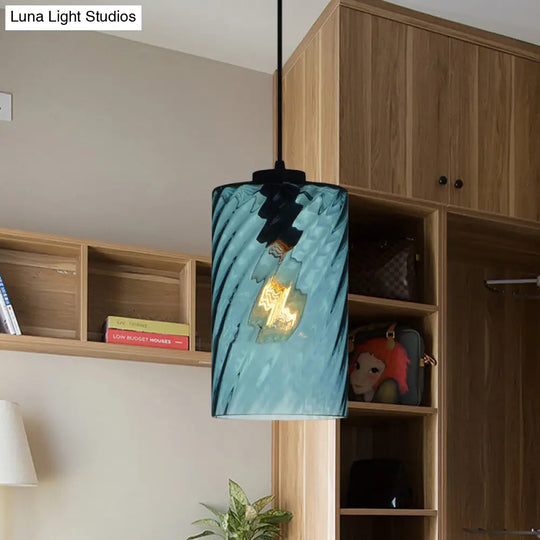 Modern Blue Glass Pendant Light With Unique Lattice Design And Black Ceiling Mount