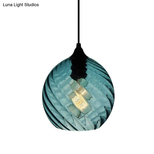 Modern Blue Glass Pendant Light With Unique Lattice Design And Black Ceiling Mount