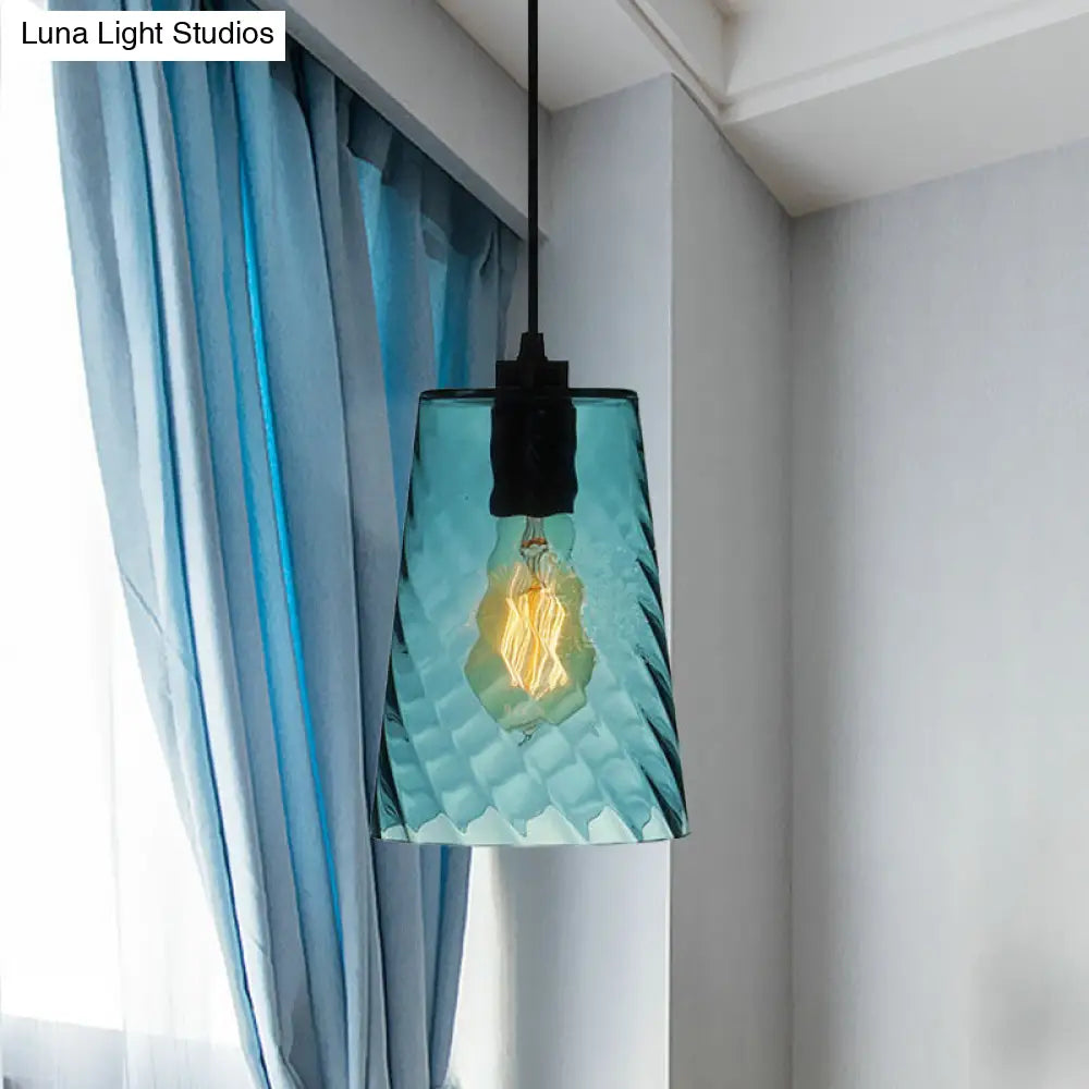 Modernist Blue Glass Pendant Light With Lattice Design And Ceiling Hung Suspension