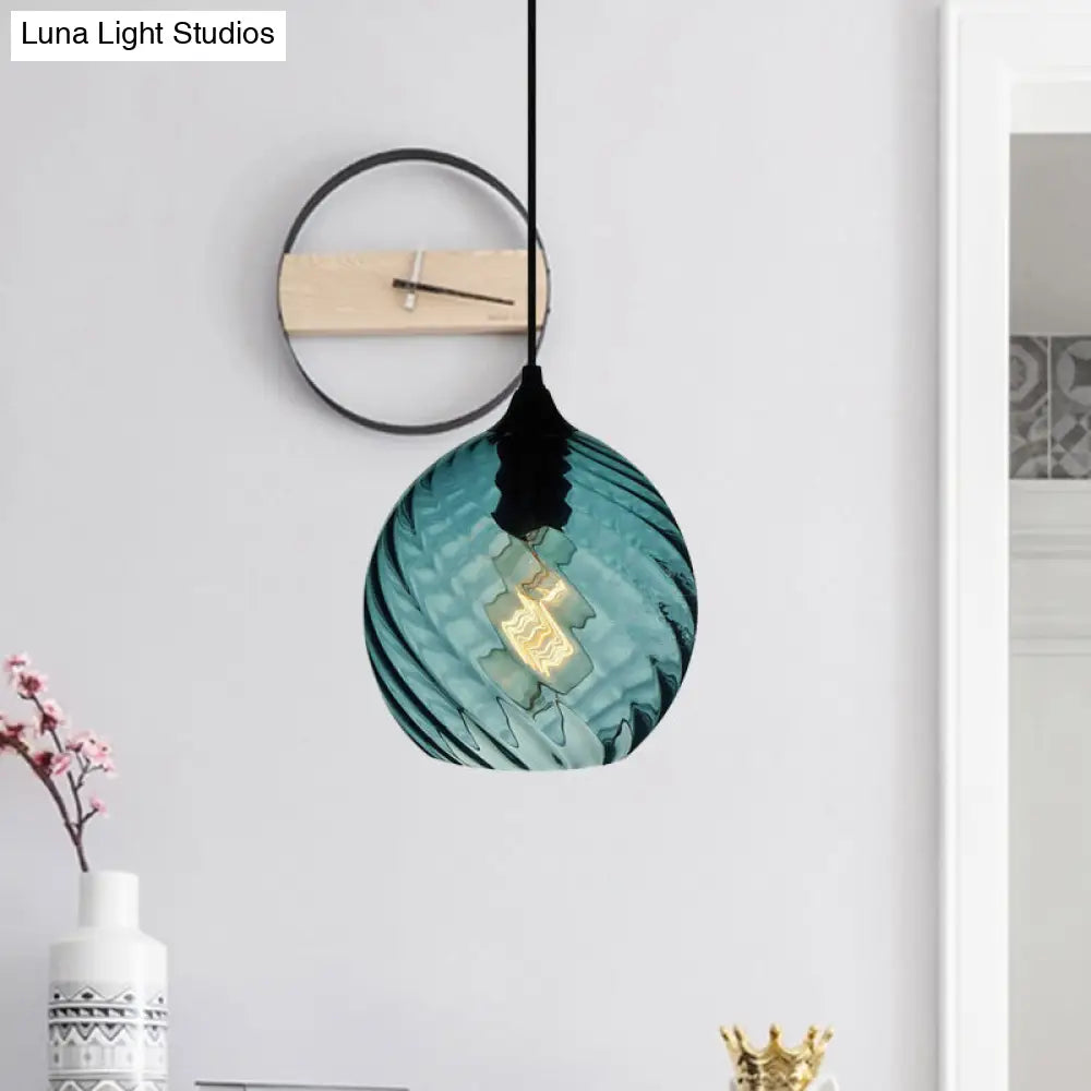 Modern Blue Glass Pendant Light With Unique Lattice Design And Black Ceiling Mount