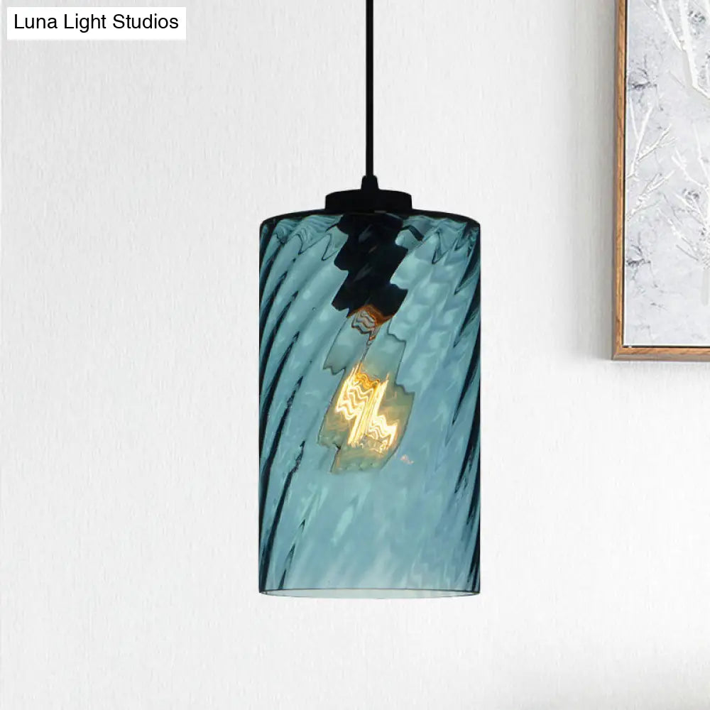 Modern Blue Glass Pendant Light With Unique Lattice Design And Black Ceiling Mount / Cylinder