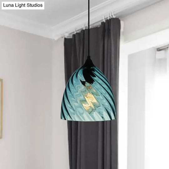 Modern Blue Glass Pendant Light With Unique Lattice Design And Black Ceiling Mount