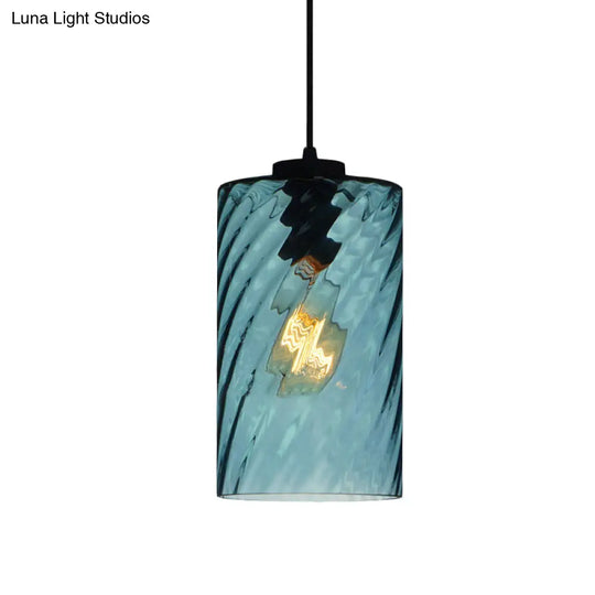 Modernist Blue Glass Pendant Light With Lattice Design And Ceiling Hung Suspension