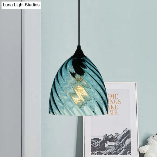 Modern Blue Glass Pendant Light With Unique Lattice Design And Black Ceiling Mount