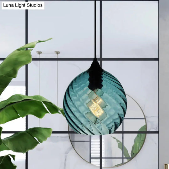 Modern Blue Glass Pendant Light With Unique Lattice Design And Black Ceiling Mount