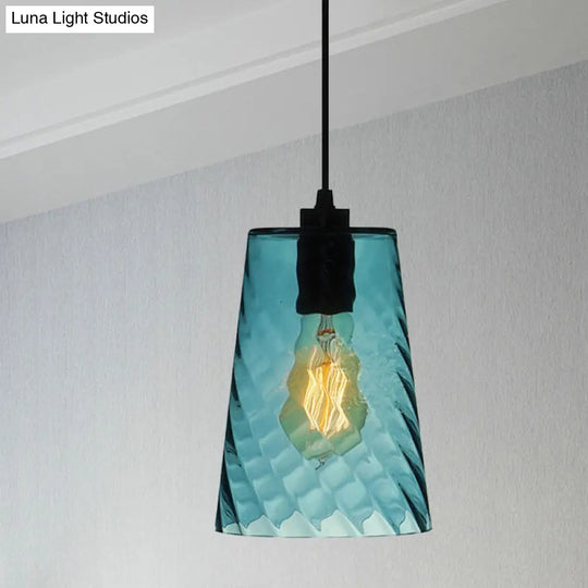 Modern Blue Glass Pendant Light With Unique Lattice Design And Black Ceiling Mount / Barrel