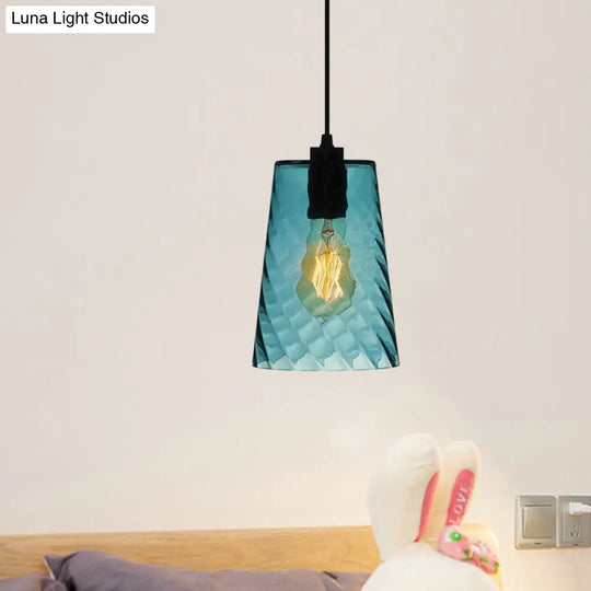 Modern Blue Glass Pendant Light With Unique Lattice Design And Black Ceiling Mount