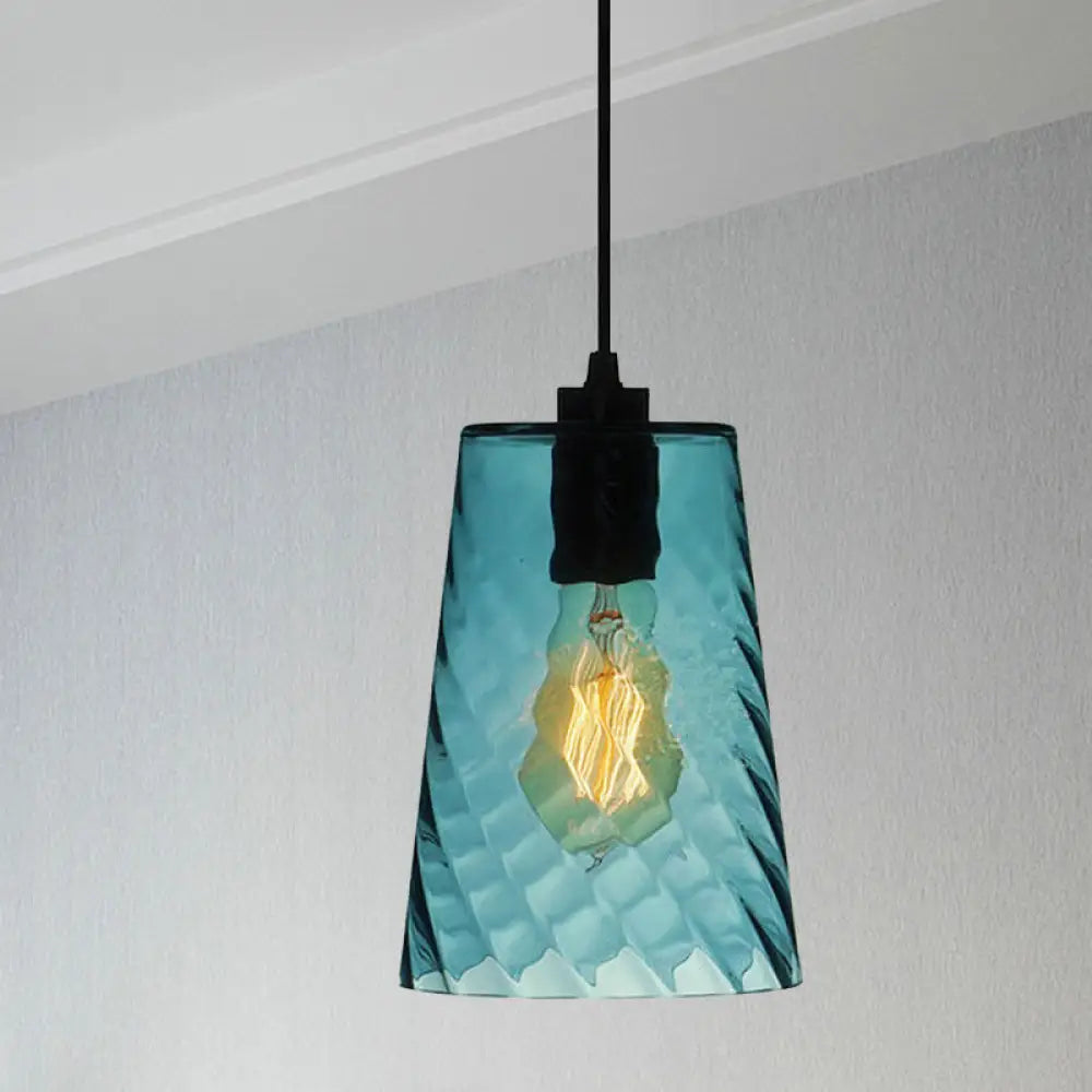 Modernist Blue Glass Pendant Light With Lattice Design And Ceiling Hung Suspension / Barrel