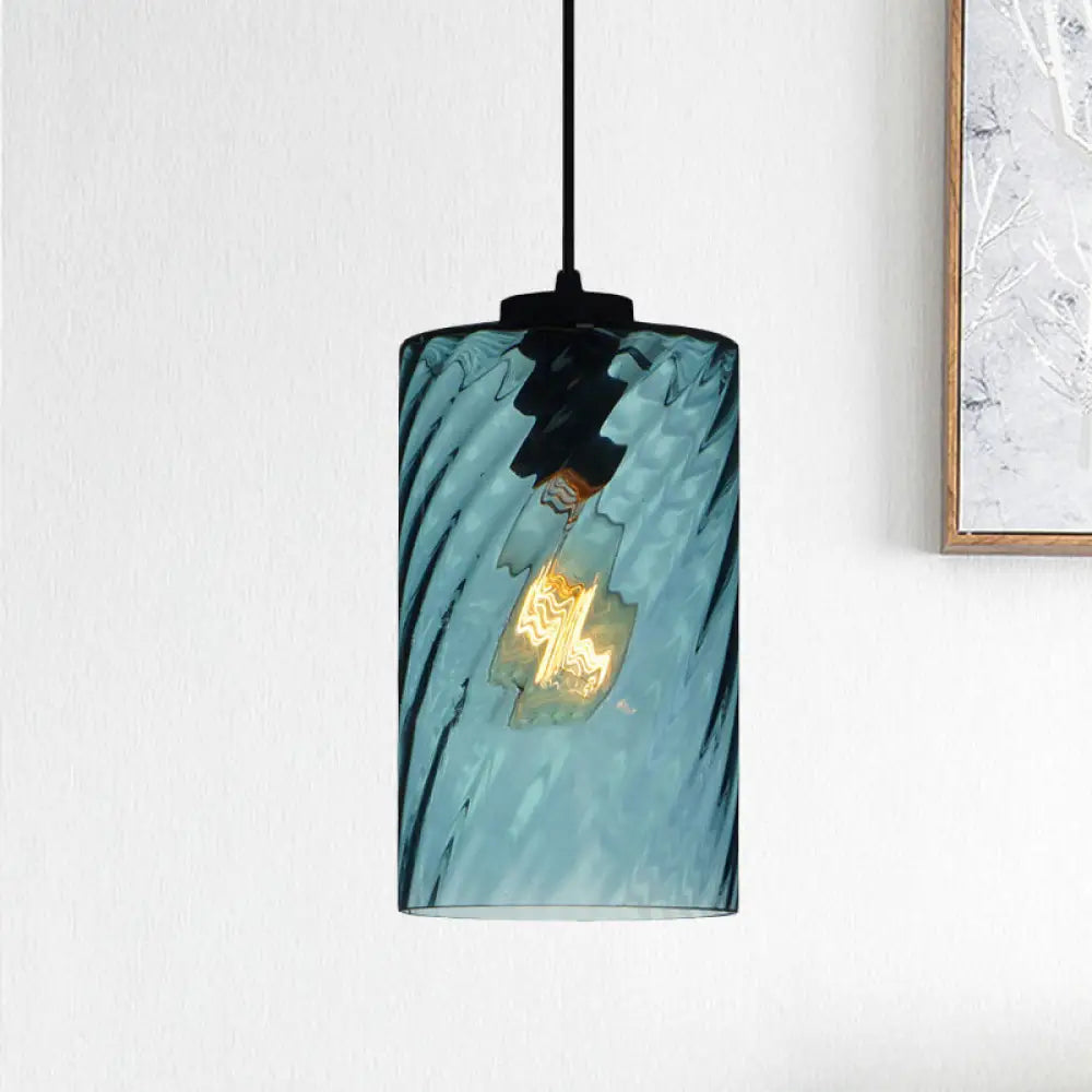 Modernist Blue Glass Pendant Light With Lattice Design And Ceiling Hung Suspension / Cylinder