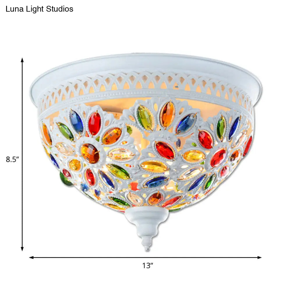 Modernist Bowl Flush Mount Ceiling Light With Crystal Gem Detail - 2-Light Metal Fixture In