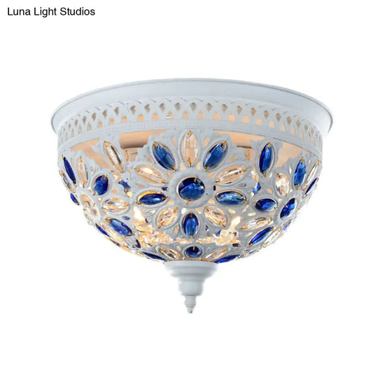 Modernist Bowl Flush Mount Ceiling Light With Crystal Gem Detail - 2-Light Metal Fixture In