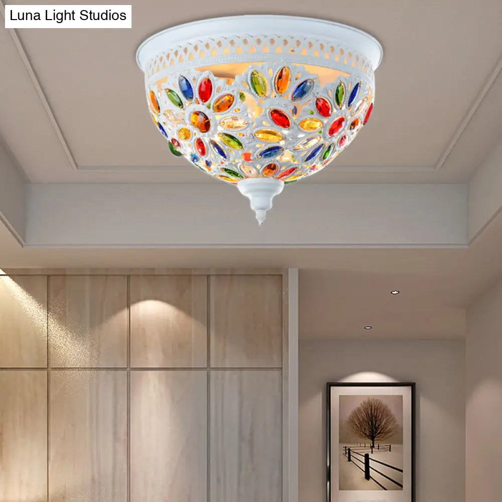 Modernist Bowl Flush Mount Ceiling Light With Crystal Gem Detail - 2 - Light Metal Fixture In