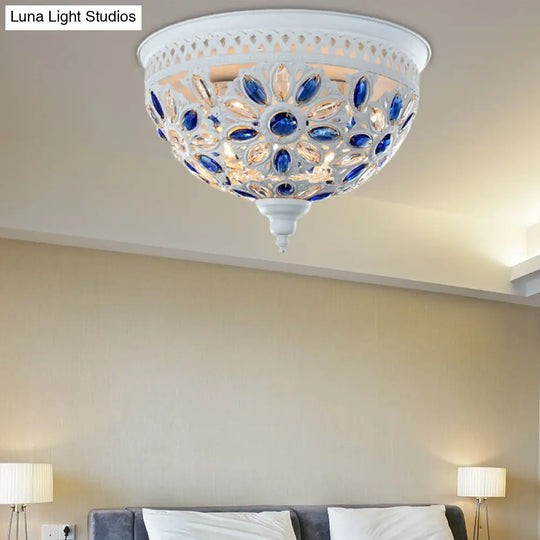 Modernist Bowl Flush Mount Ceiling Light With Crystal Gem Detail - 2-Light Metal Fixture In